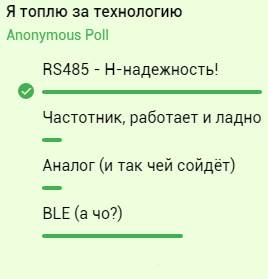 Резултьтат голосования за типы используемых датчиков
1. 485
2. БЛЕ
3. Частотник
4. Аналог